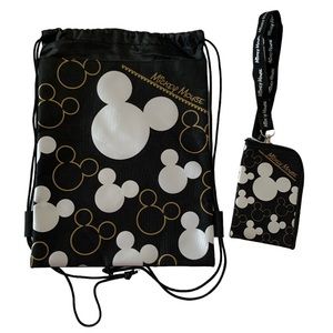 DISNEY Mickey Mouse Drawstring Travel Backpack and Lanyard Zippered Pouch